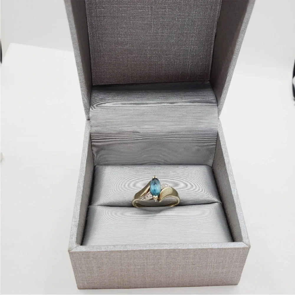 10k Solid Yellow Gold Marquise Shaped Blue Topaz & Diamond Accent Ring